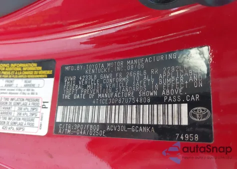 2007 Toyota Camry Solara Se/Sle из США, поврежденный, VIN 4T1CE30P87U754808